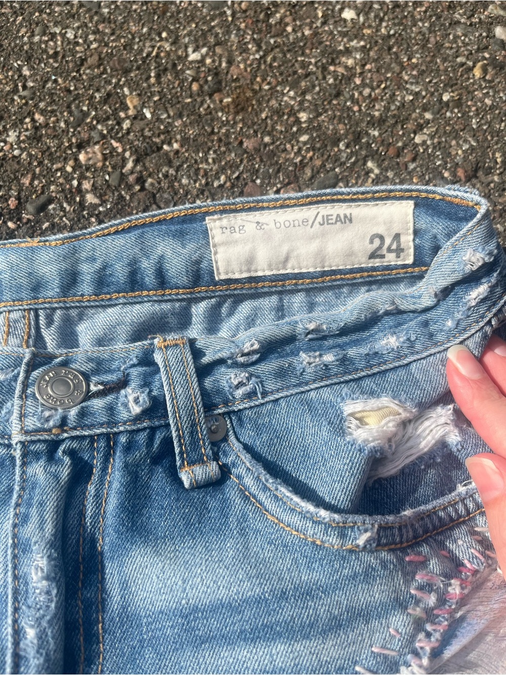 OOAK reworked Distressed Light Blue Denim Women's Shorts with Patchwork - Picture 4 of 7